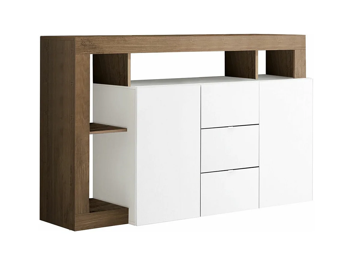 ARTURO - Buffet 2 Portes 3 Tiroirs Blanc Laqué Encadrement Niches Aspect Chêne Mercure