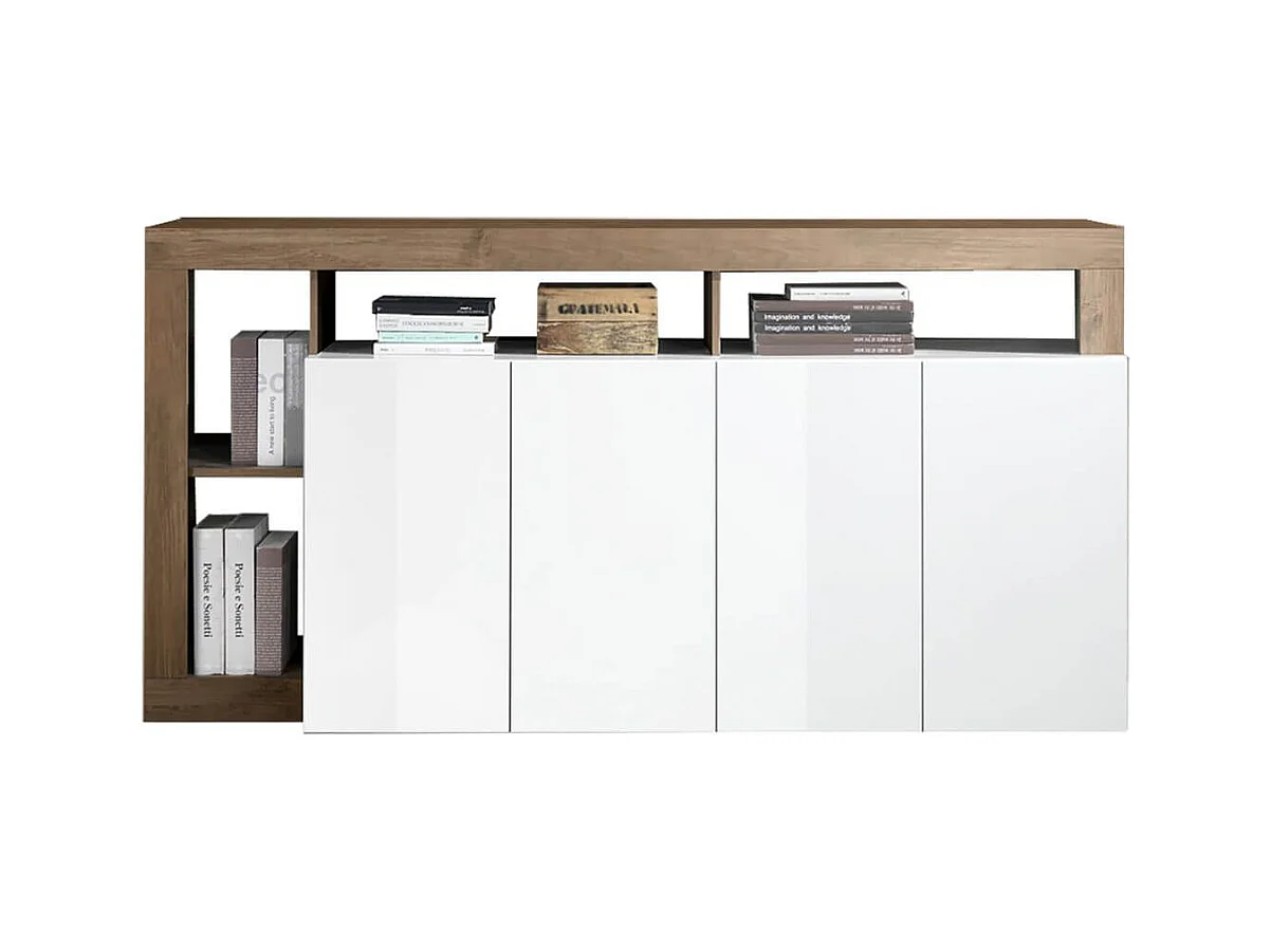 ARTURO - Buffet 4 Portes Blanc Laqué Encadrement Niches Aspect Chêne Mercure