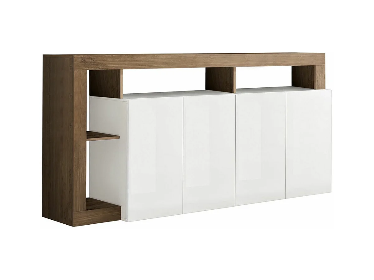 ARTURO - Buffet 4 Portes Blanc Laqué Encadrement Niches Aspect Chêne Mercure