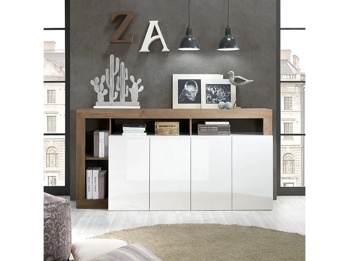 ARTURO - Buffet 4 Portes Blanc Laqué Encadrement Niches Aspect Chêne Mercure