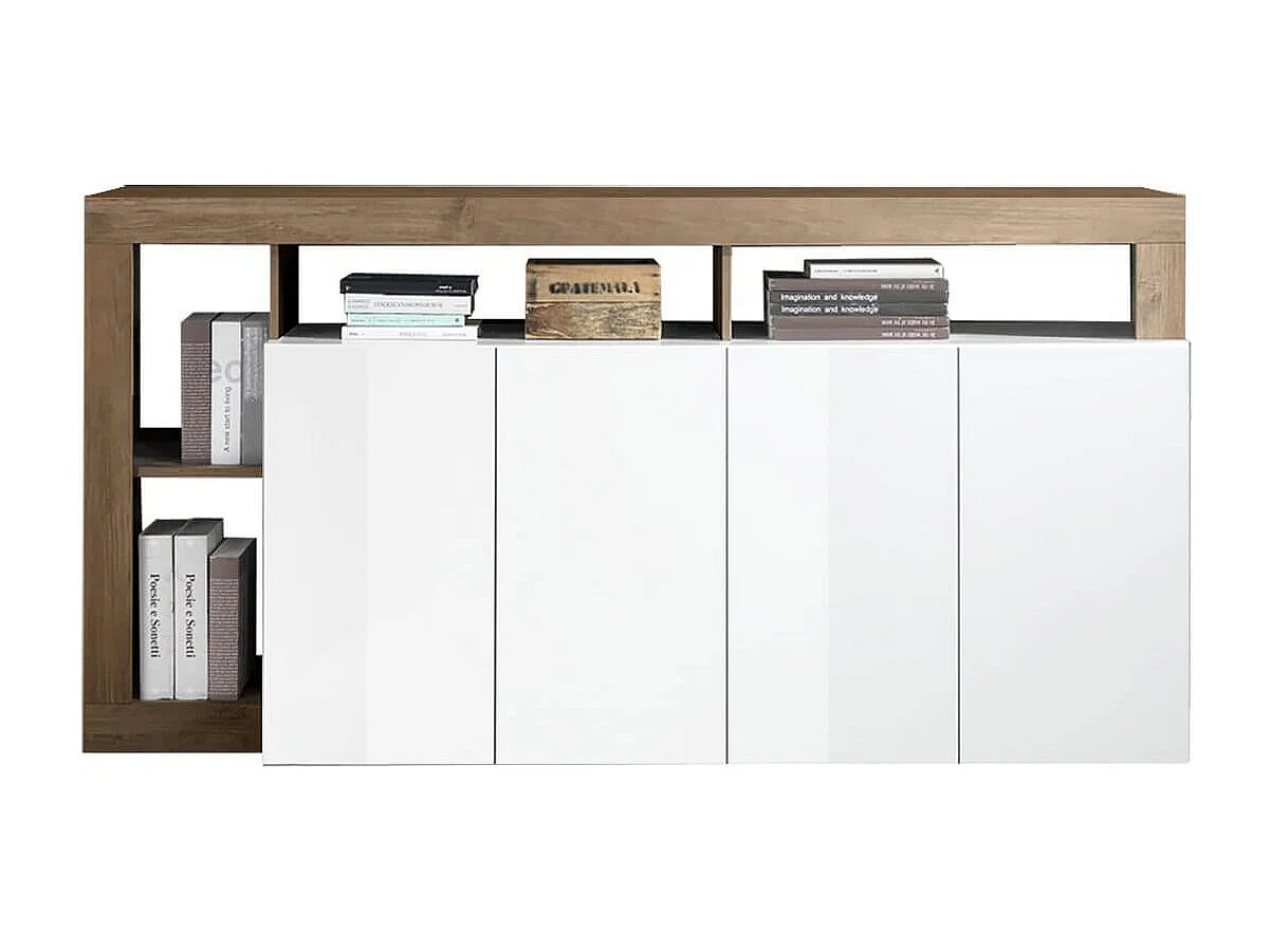 ARTURO - Buffet 4 Portes Blanc Laqué Encadrement Niches Aspect Chêne Mercure