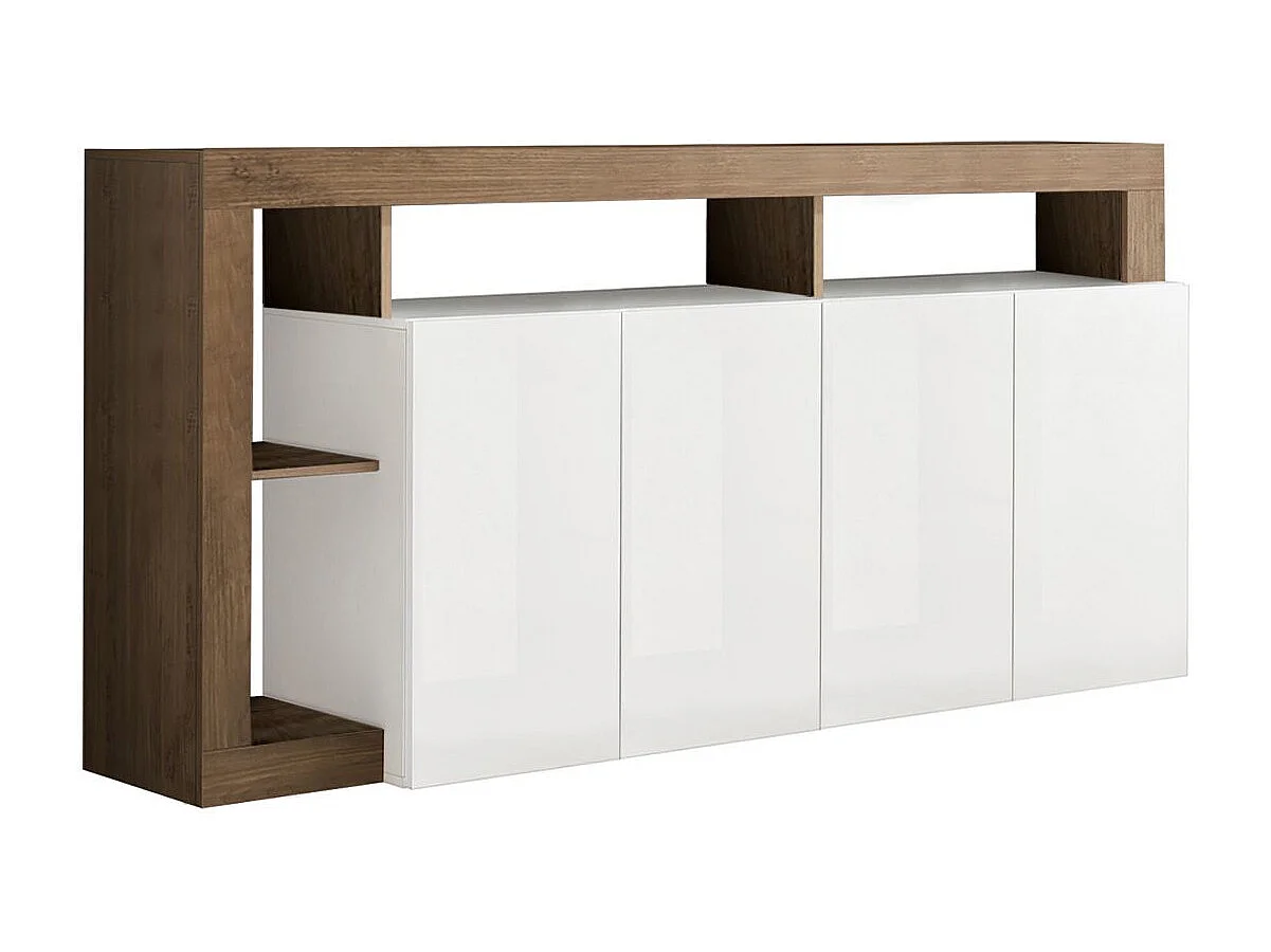 ARTURO - Buffet 4 Portes Blanc Laqué Encadrement Niches Aspect Chêne Mercure