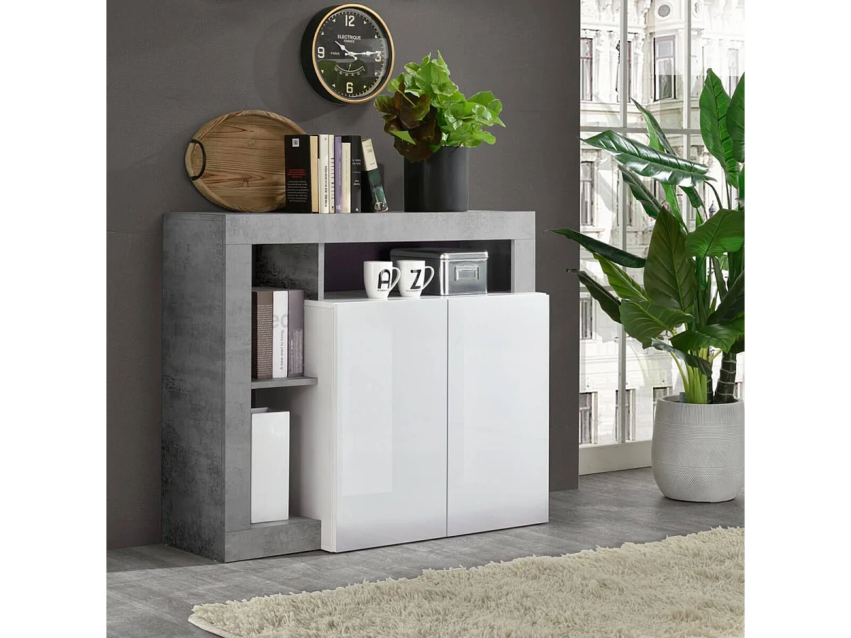 ARTURO - Buffet 2 Portes Blanc Laqué Encadrement Niches Aspect Cimento