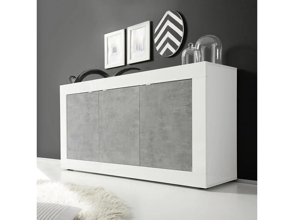 OTELLO - Buffet 3 Portes Finition Blanc Laqué et Aspect Béton