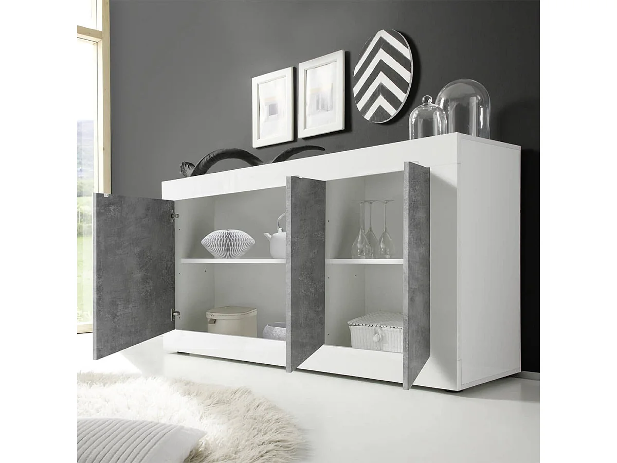 OTELLO - Buffet 3 Portes Finition Blanc Laqué et Aspect Béton