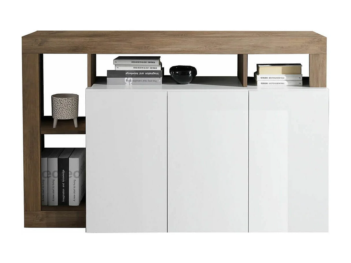 ARTURO - Buffet 3 Portes Blanc Laqué Encadrement Niches Aspect Chêne Mercure