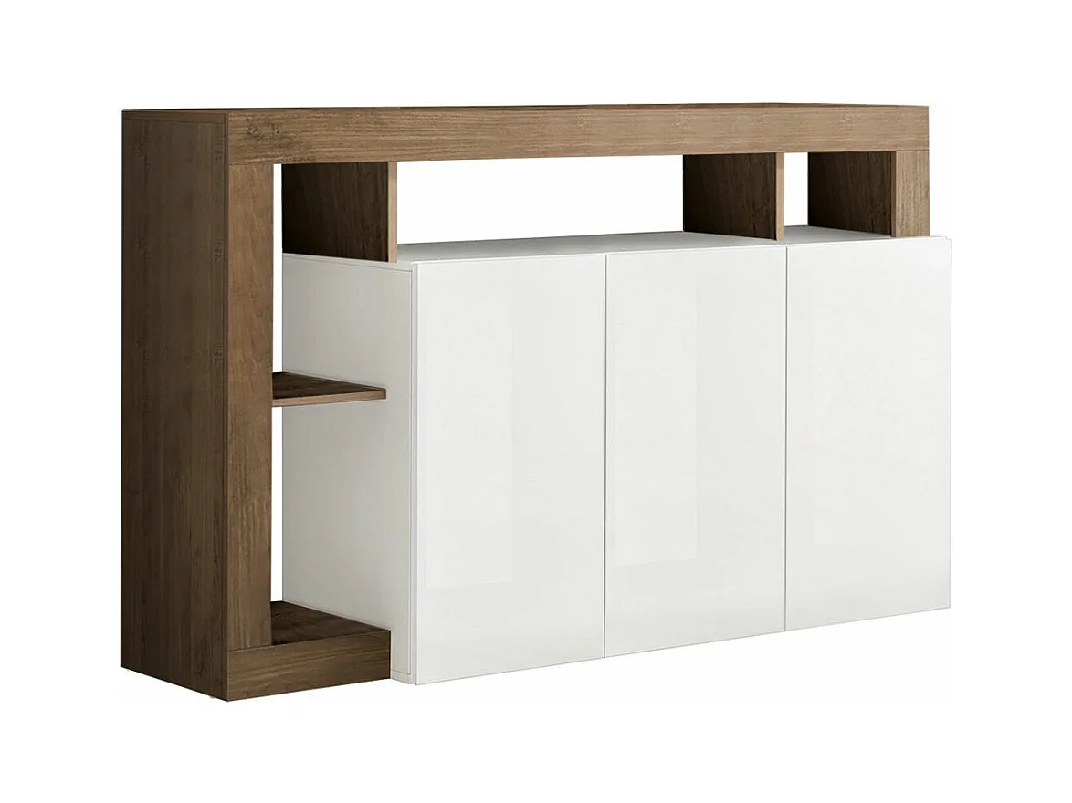 ARTURO - Buffet 3 Portes Blanc Laqué Encadrement Niches Aspect Chêne Mercure
