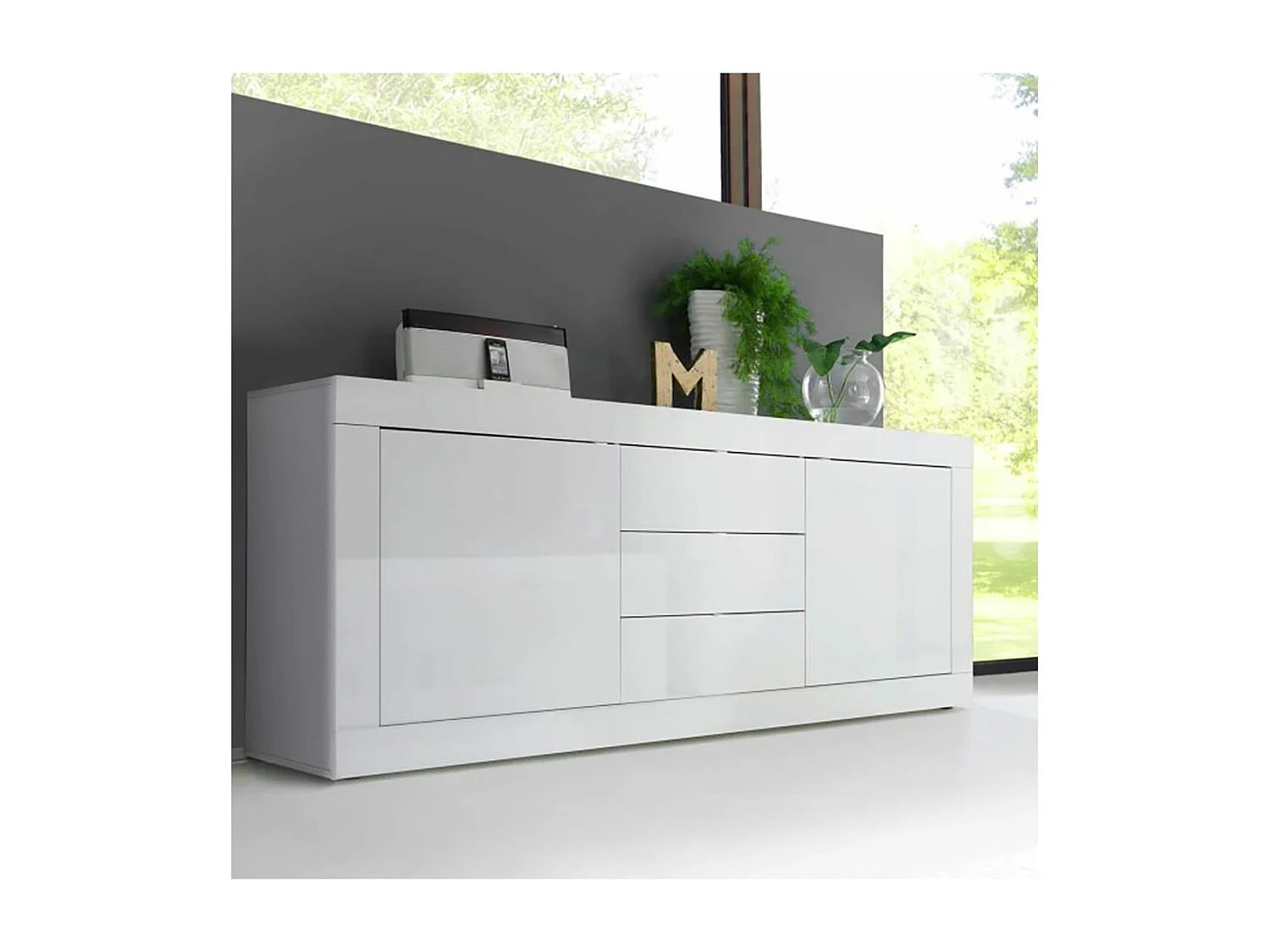 OTELLO - Buffet 2 Portes 3 Tiroirs Finition Blanc Laqué Weiss