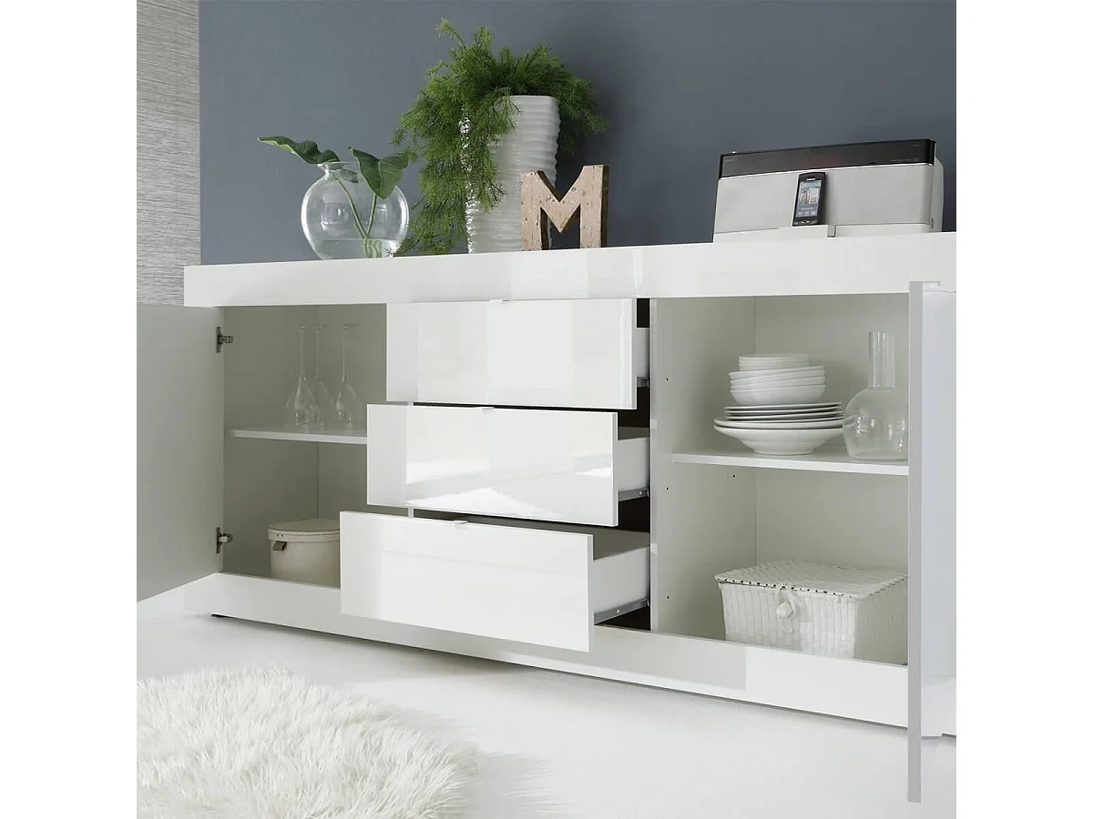 OTELLO - Buffet 2 Portes 3 Tiroirs Finition Blanc Laqué Weiss