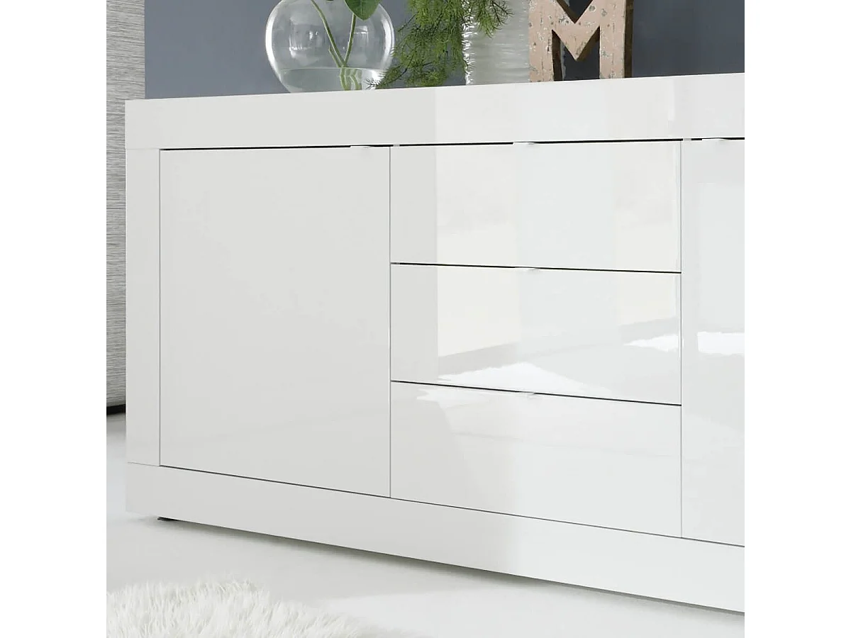 OTELLO - Buffet 2 Portes 3 Tiroirs Finition Blanc Laqué Weiss