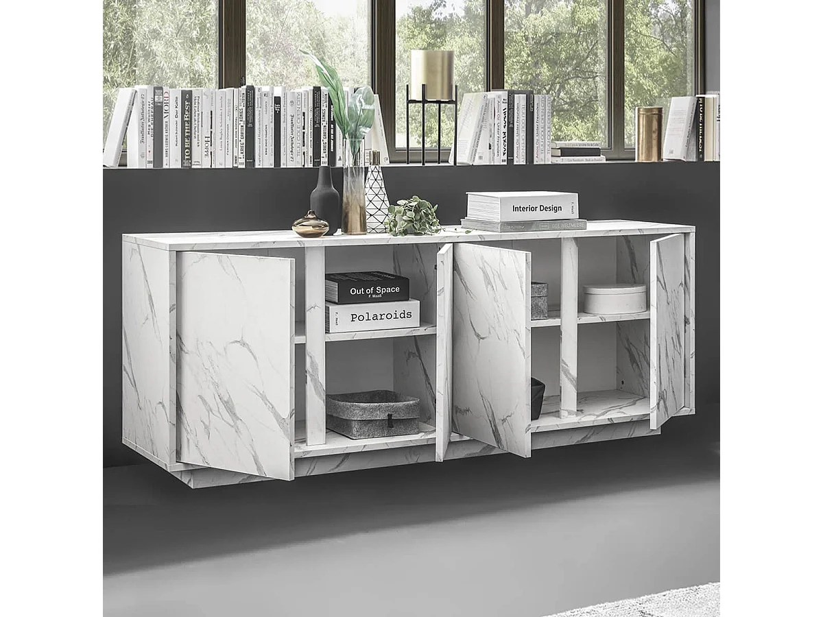 PIRALIA - Buffet 4 Portes Aspect Marbre Blanc