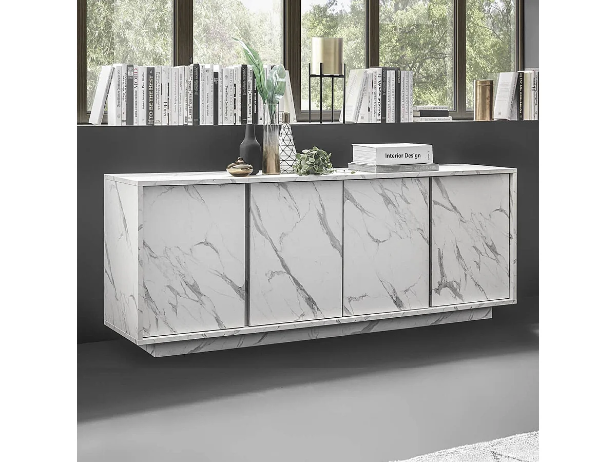PIRALIA - Buffet 4 Portes Aspect Marbre Blanc