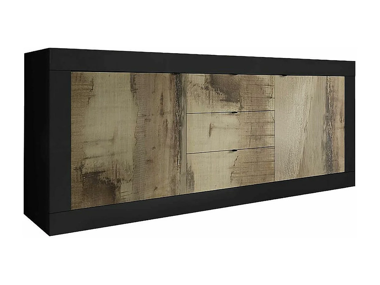 OTELLO - Buffet 2 Portes 3 Tiroirs Finition Noir Mat et Aspect Bois Antik