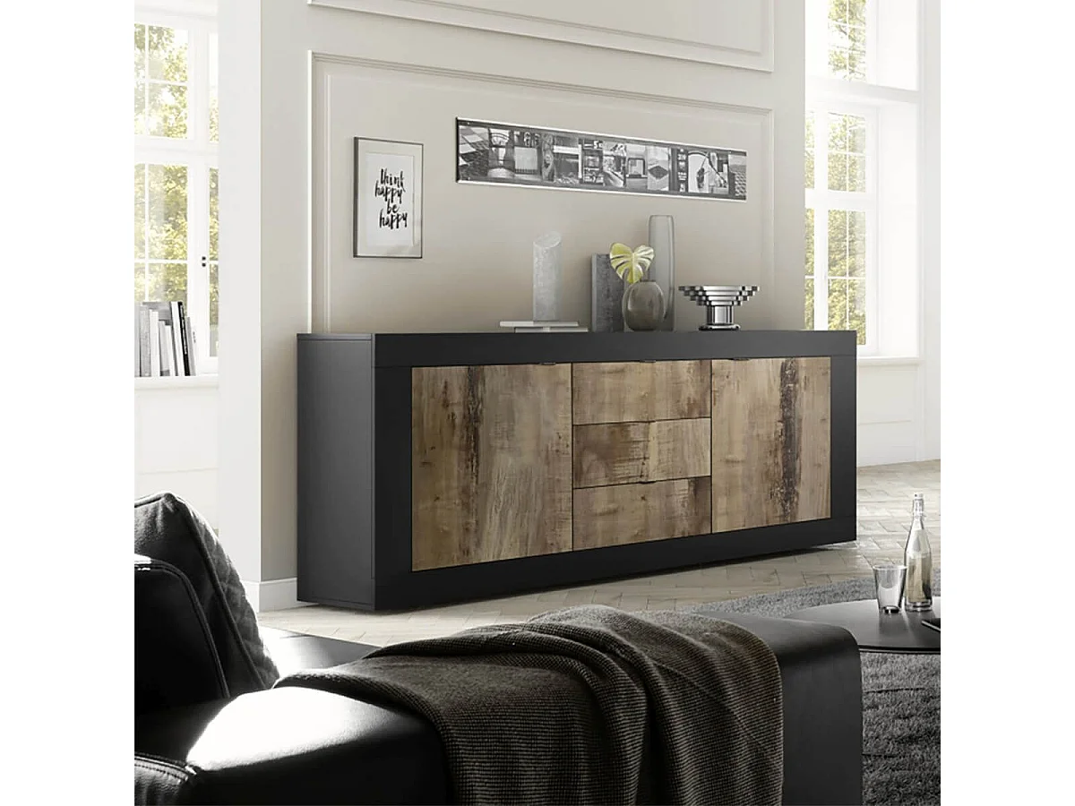 OTELLO - Buffet 2 Portes 3 Tiroirs Finition Noir Mat et Aspect Bois Antik