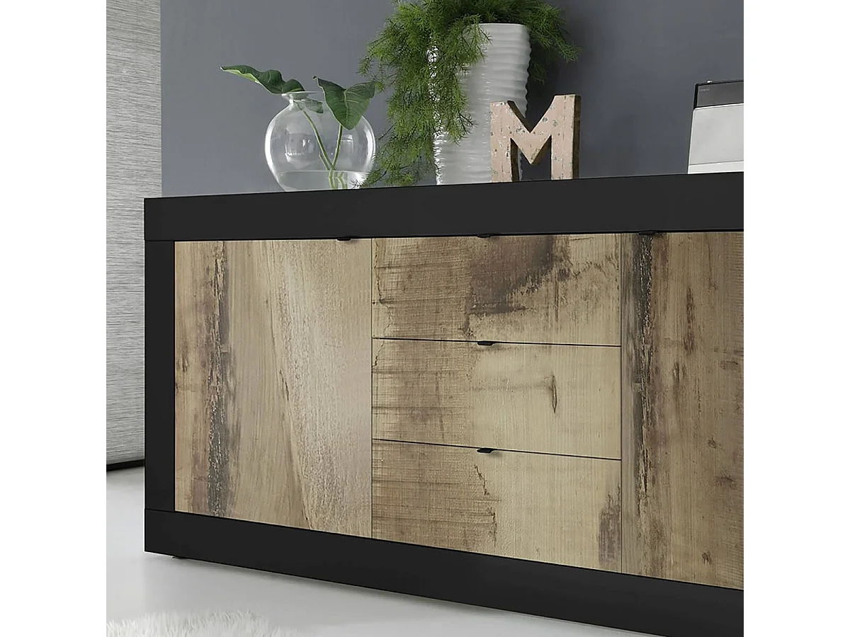 OTELLO - Buffet 2 Portes 3 Tiroirs Finition Noir Mat et Aspect Bois Antik