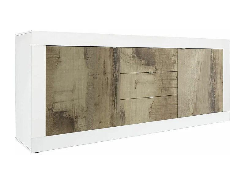 OTELLO - Buffet 2 Portes 3 Tiroirs Finition Blanc Laqué et Aspect Bois Antik