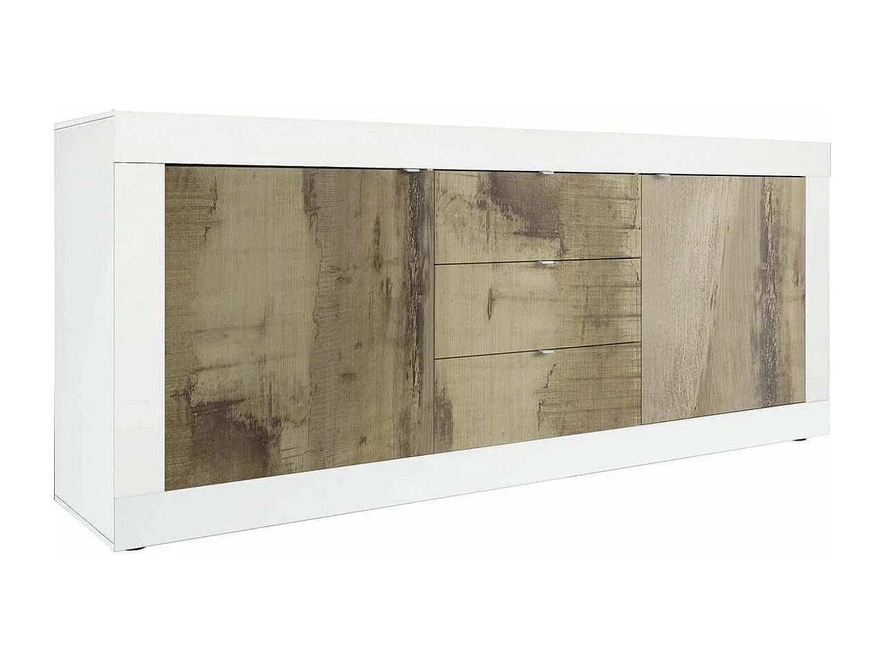 OTELLO - Buffet 2 Portes 3 Tiroirs Finition Blanc Laqué et Aspect Bois Antik