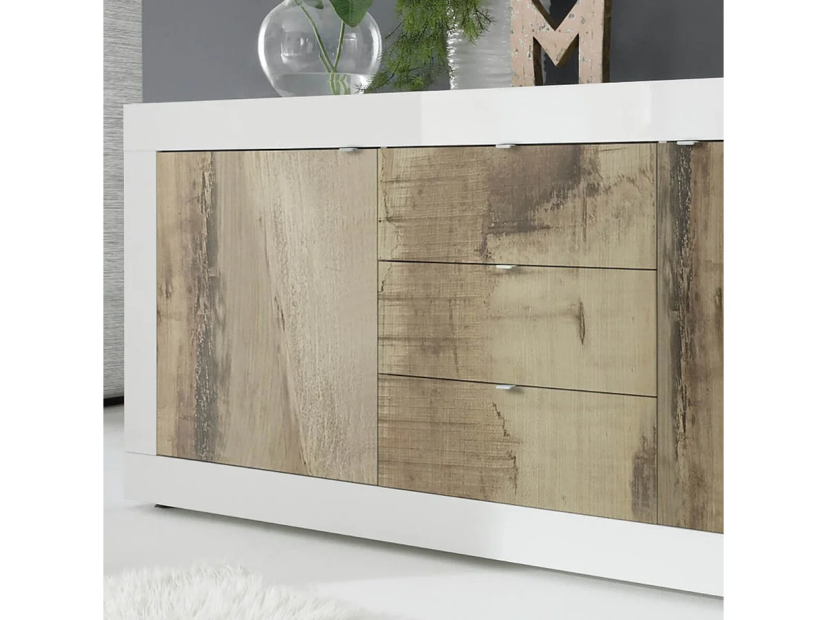 OTELLO - Buffet 2 Portes 3 Tiroirs Finition Blanc Laqué et Aspect Bois Antik