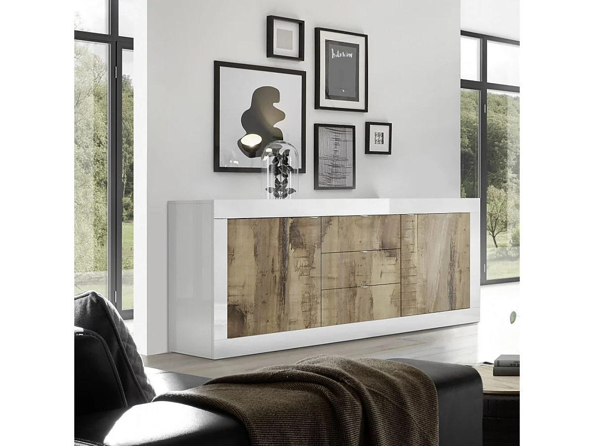 OTELLO - Buffet 2 Portes 3 Tiroirs Finition Blanc Laqué et Aspect Bois Antik