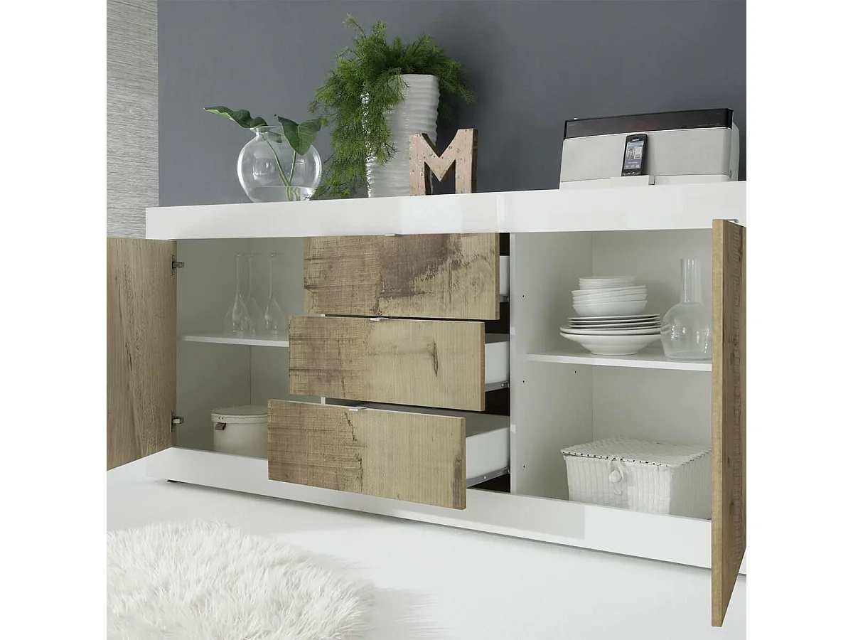 OTELLO - Buffet 2 Portes 3 Tiroirs Finition Blanc Laqué et Aspect Bois Antik