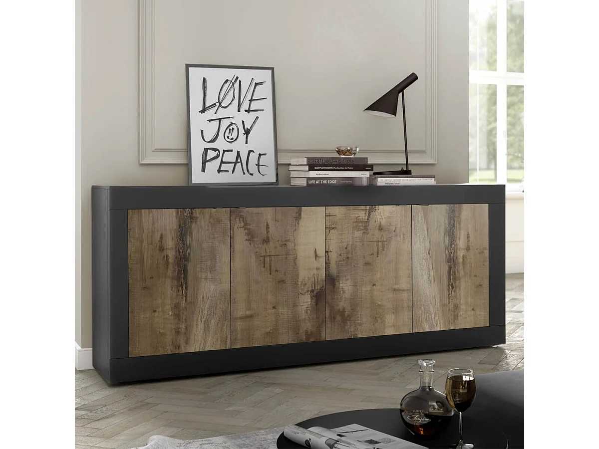 OTELLO - Buffet 4 Portes Finition Noir Mat et Aspect Bois Antik