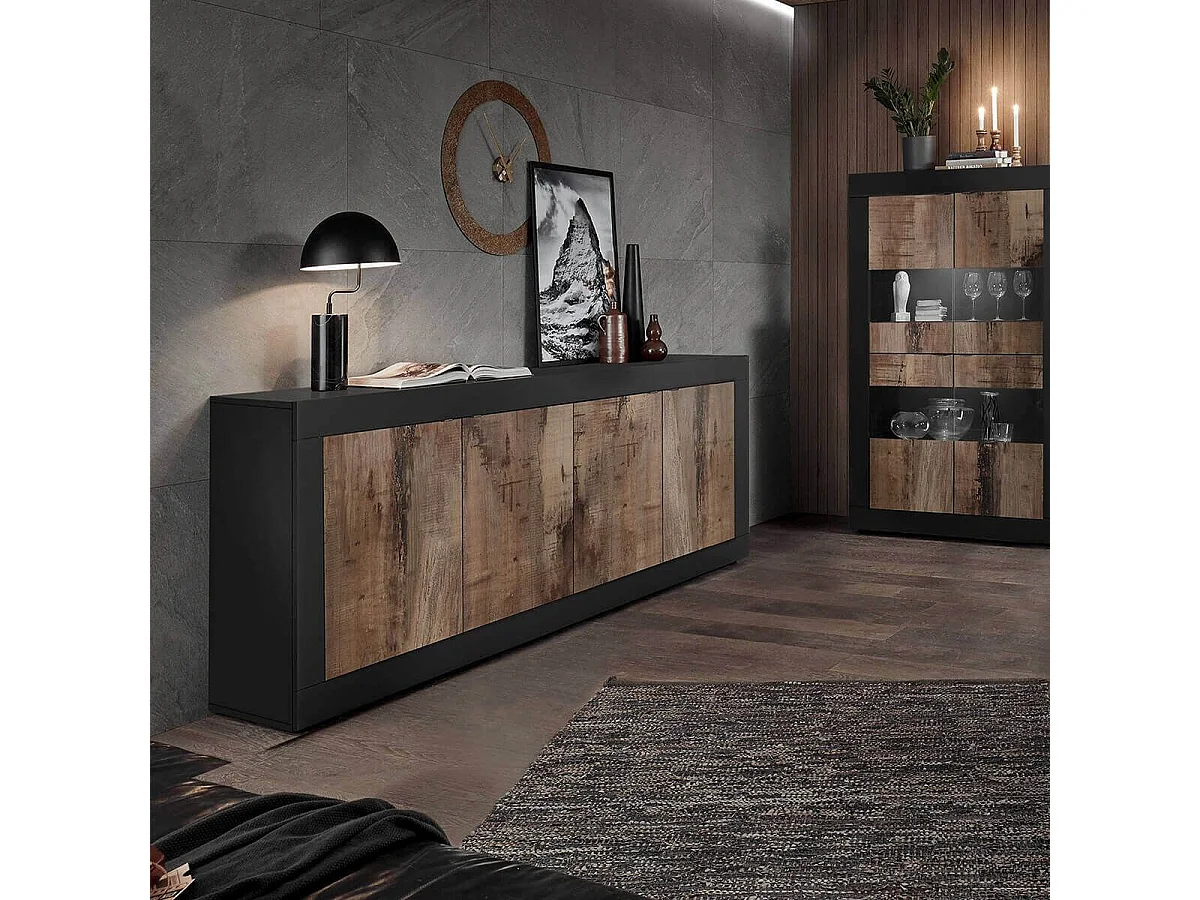 OTELLO - Buffet 4 Portes Finition Noir Mat et Aspect Bois Antik