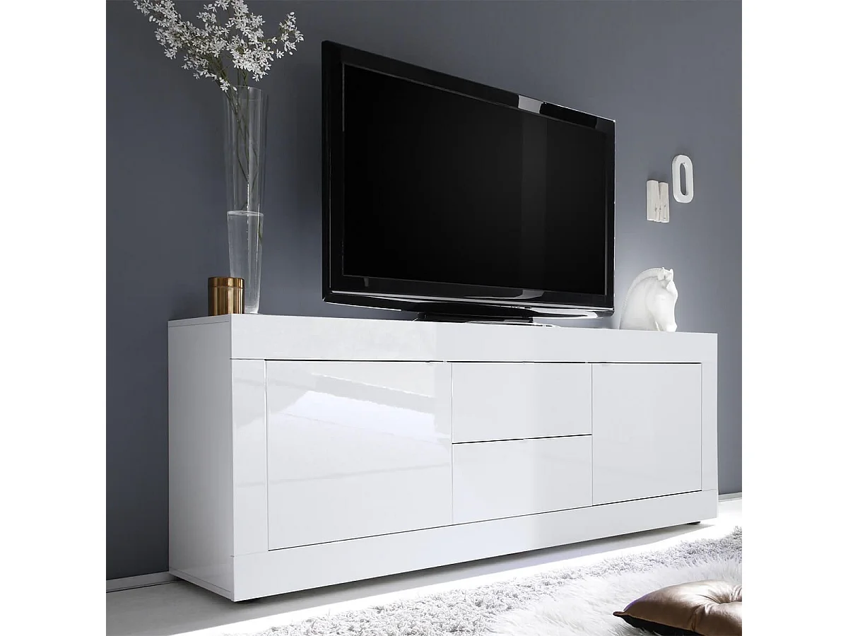 OTELLO - Meuble TV 2 Portes 2 Tiroirs Finition Blanc Laqué Weiss