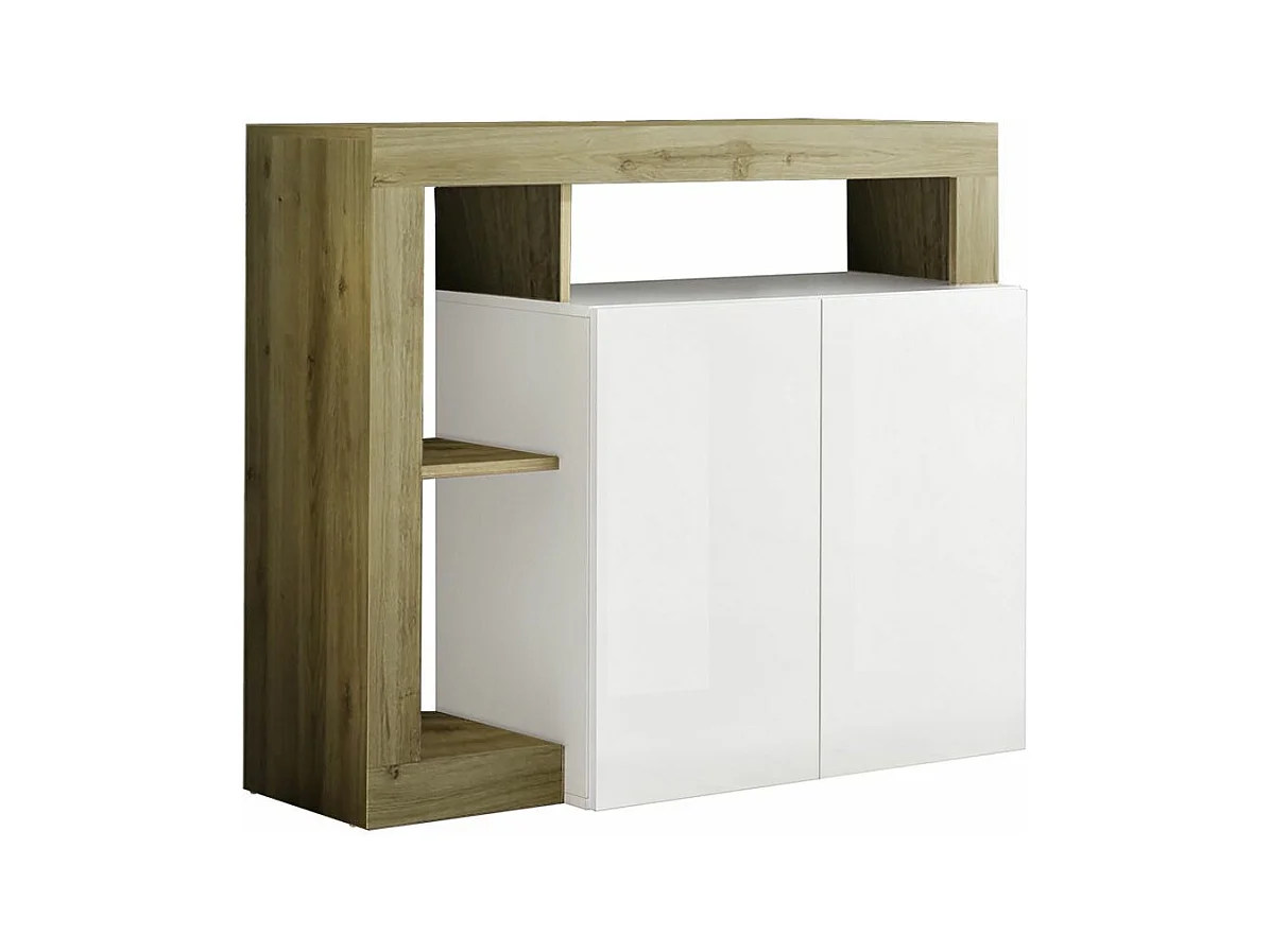 ARTURO - Buffet 2 Portes Blanc Laqué Encadrement Niches Aspect Bois Cadiz