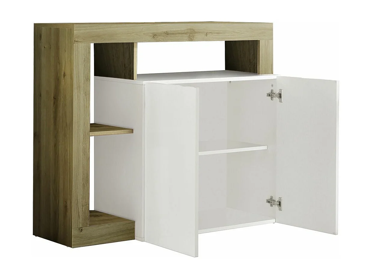 ARTURO - Buffet 2 Portes Blanc Laqué Encadrement Niches Aspect Bois Cadiz
