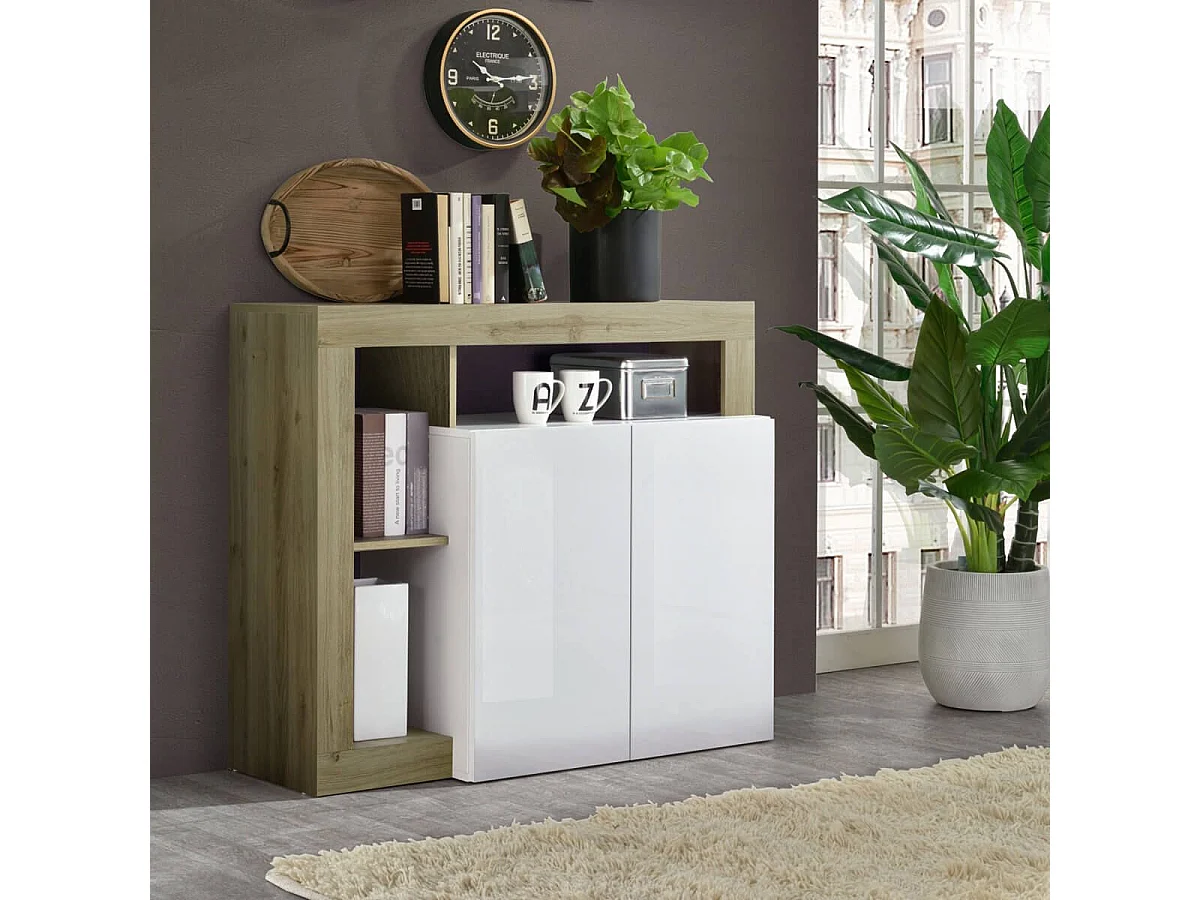 ARTURO - Buffet 2 Portes Blanc Laqué Encadrement Niches Aspect Bois Cadiz