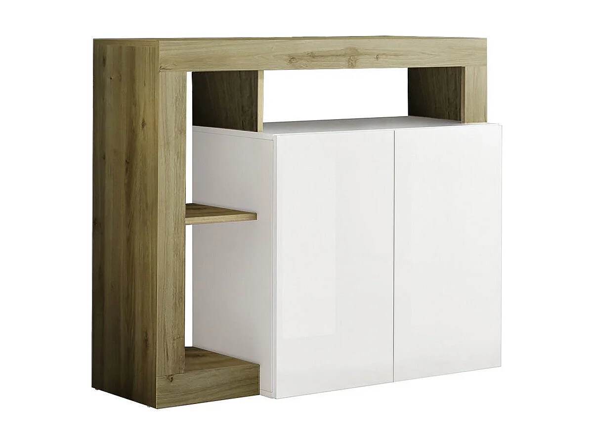 ARTURO - Buffet 2 Portes Blanc Laqué Encadrement Niches Aspect Bois Cadiz