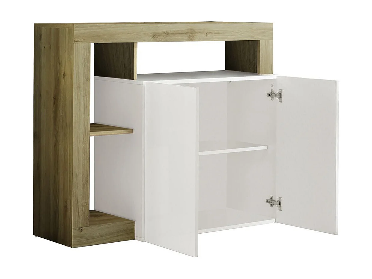 ARTURO - Buffet 2 Portes Blanc Laqué Encadrement Niches Aspect Bois Cadiz