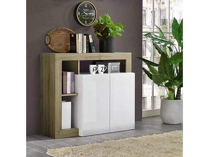 ARTURO - Buffet 2 Portes Blanc Laqué Encadrement Niches Aspect Bois Cadiz