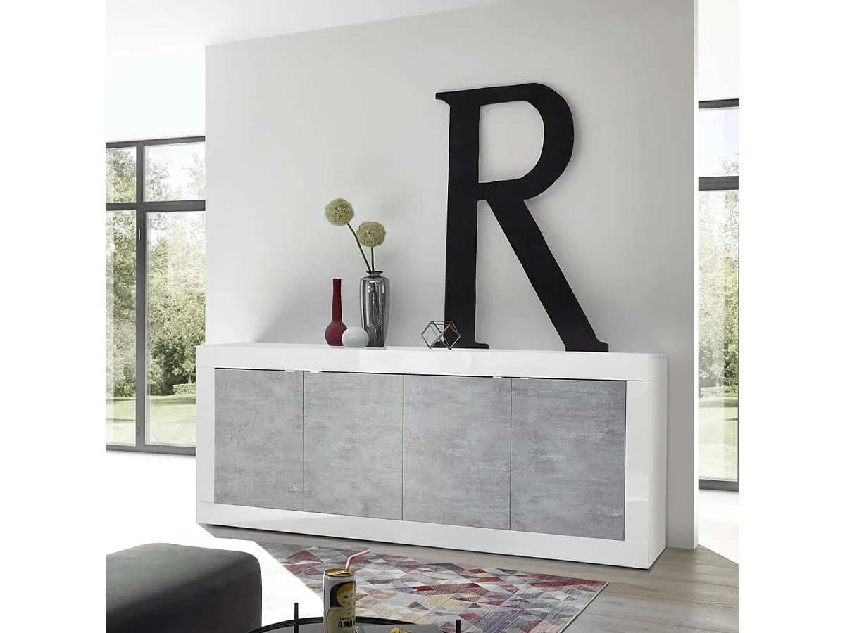 OTELLO - Buffet 4 Portes Finition Blanc Laqué et Aspect Béton