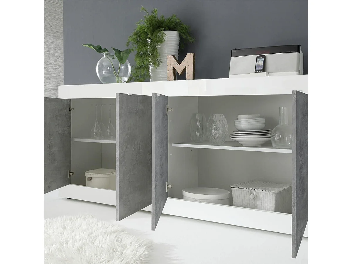 OTELLO - Buffet 4 Portes Finition Blanc Laqué et Aspect Béton