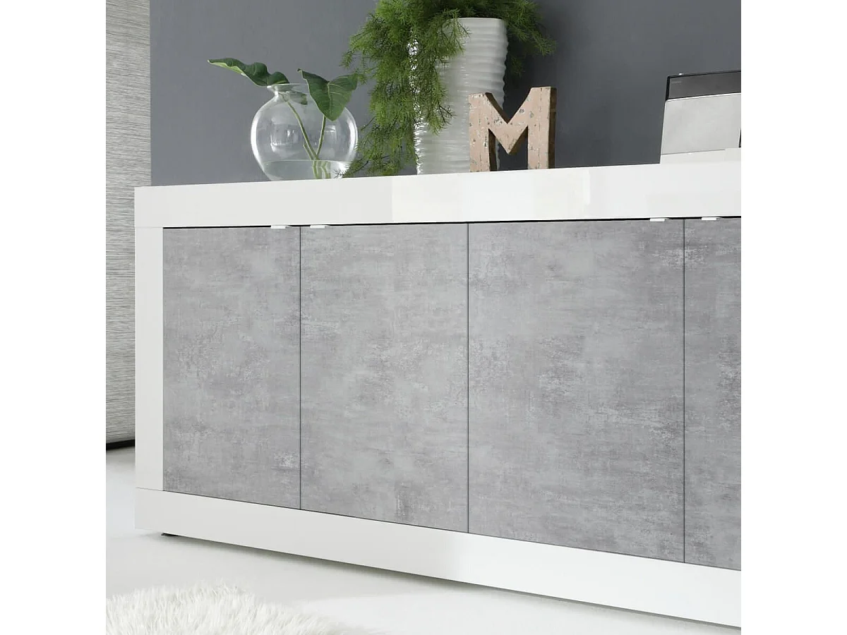OTELLO - Buffet 4 Portes Finition Blanc Laqué et Aspect Béton