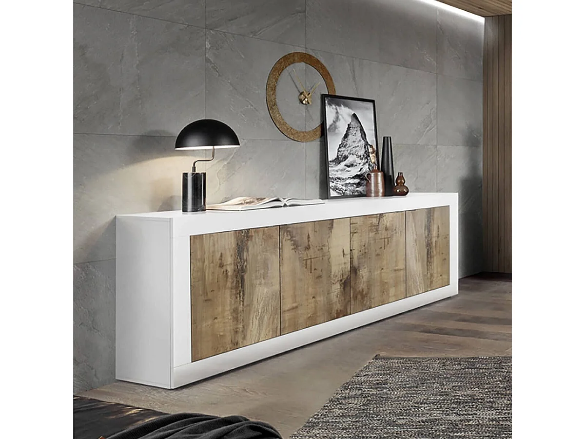 OTELLO - Buffet 4 Portes Finition Blanc Laqué et Aspect Bois Antik