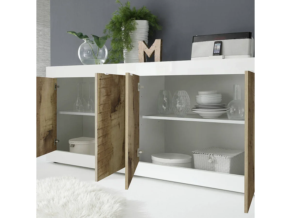 OTELLO - Buffet 4 Portes Finition Blanc Laqué et Aspect Bois Antik