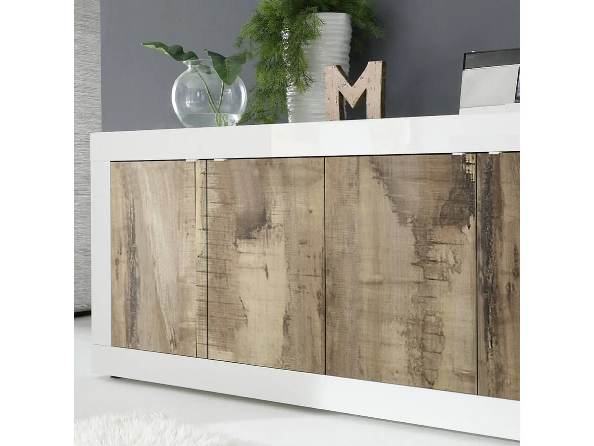 OTELLO - Buffet 4 Portes Finition Blanc Laqué et Aspect Bois Antik