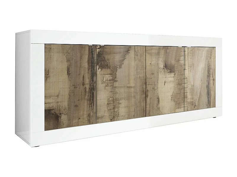 OTELLO - Buffet 4 Portes Finition Blanc Laqué et Aspect Bois Antik