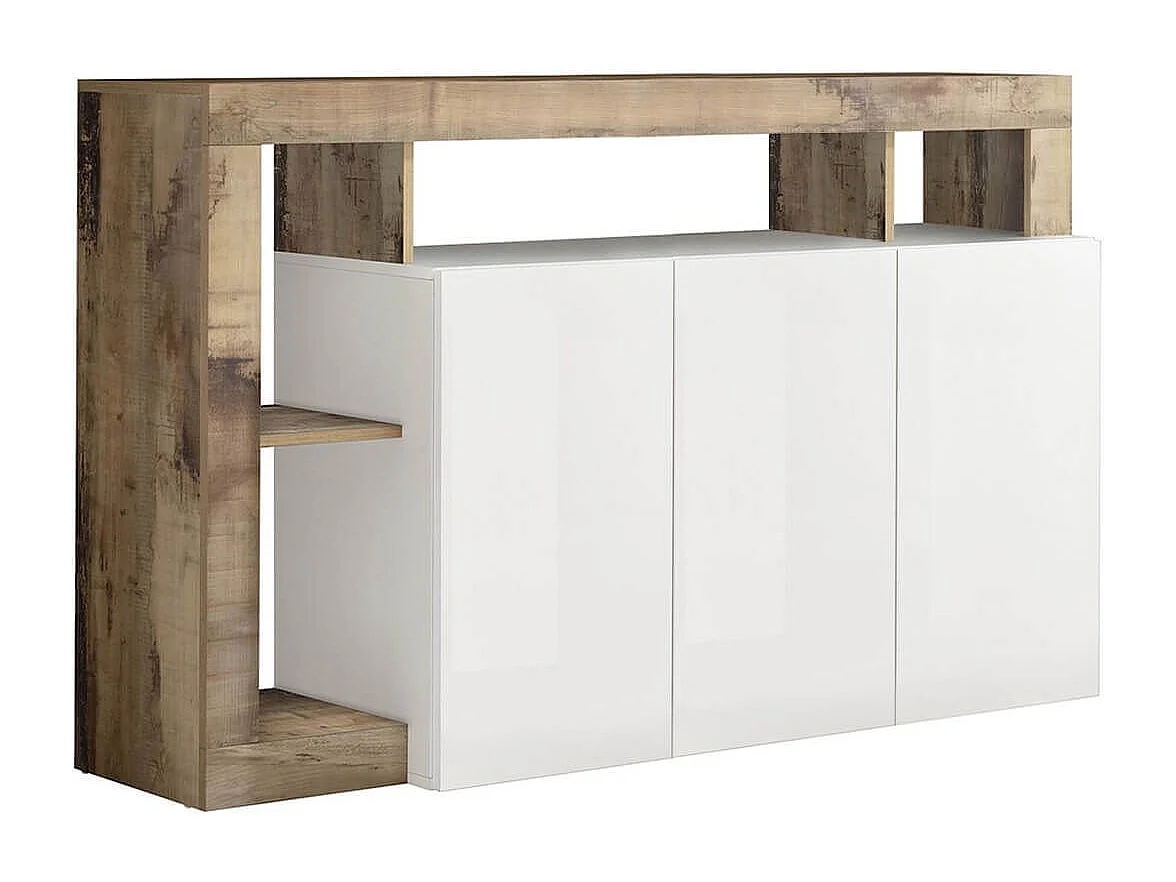 ARTURO - Buffet 3 Portes Blanc Laqué Encadrement Niches Aspect Bois Antik