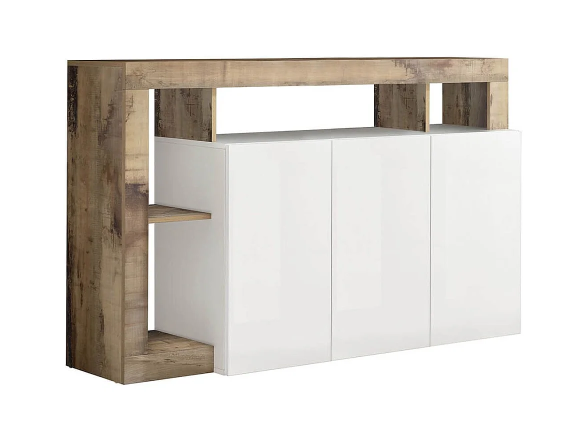 ARTURO - Buffet 3 Portes Blanc Laqué Encadrement Niches Aspect Bois Antik