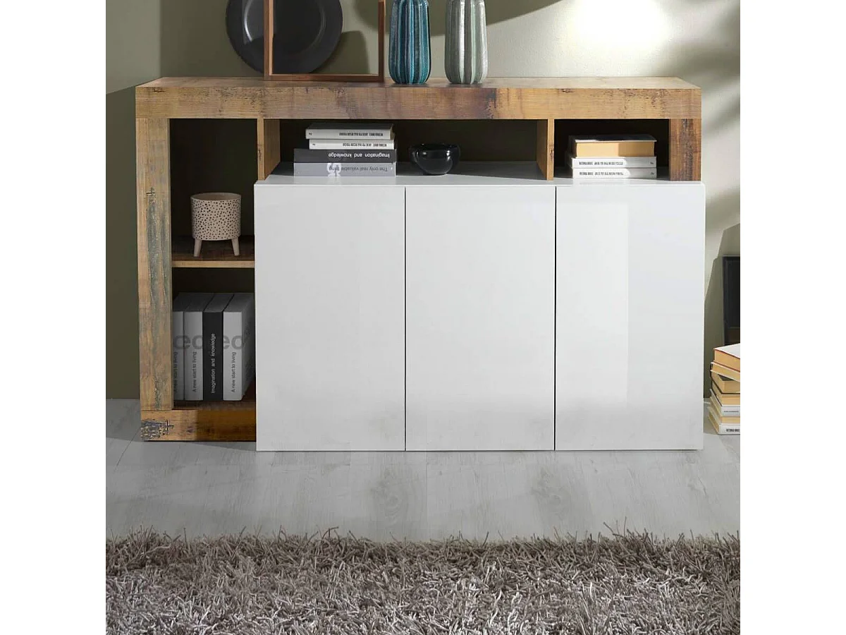 ARTURO - Buffet 3 Portes Blanc Laqué Encadrement Niches Aspect Bois Antik