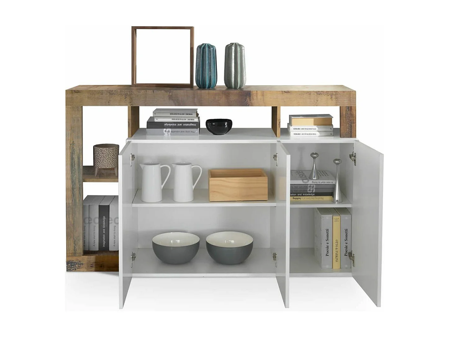 ARTURO - Buffet 3 Portes Blanc Laqué Encadrement Niches Aspect Bois Antik