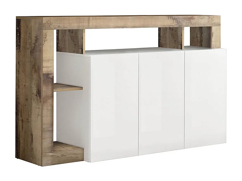 ARTURO - Buffet 3 Portes Blanc Laqué Encadrement Niches Aspect Bois Antik