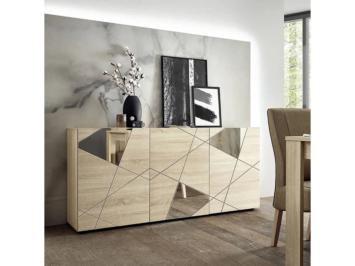 ORIANA - Buffet 3 Portes Finition Bois Samoa avec Sérigraphies et Miroirs