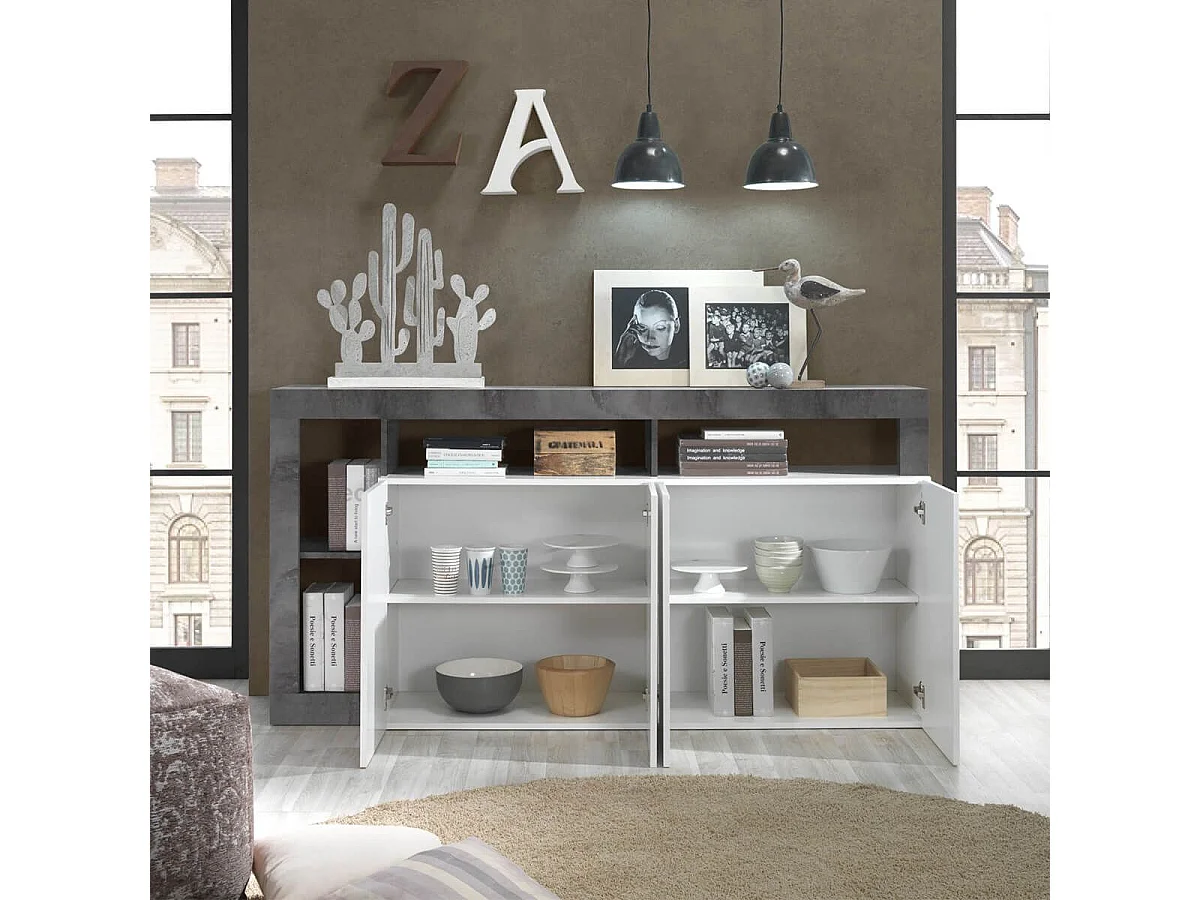 ARTURO - Buffet 4 Portes Blanc Laqué Encadrement Niches Aspect Gris Oxyde