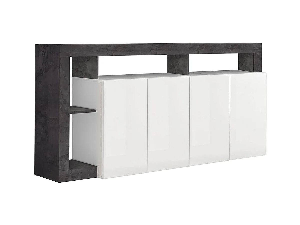 ARTURO - Buffet 4 Portes Blanc Laqué Encadrement Niches Aspect Gris Oxyde