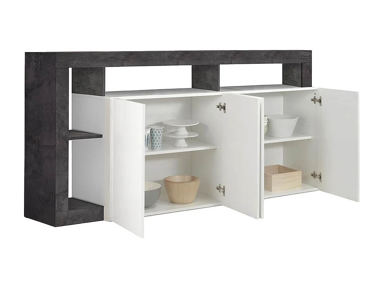 ARTURO - Buffet 4 Portes Blanc Laqué Encadrement Niches Aspect Gris Oxyde