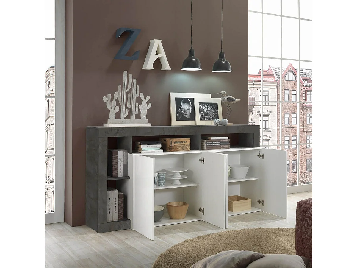 ARTURO - Buffet 4 Portes Blanc Laqué Encadrement Niches Aspect Gris Oxyde